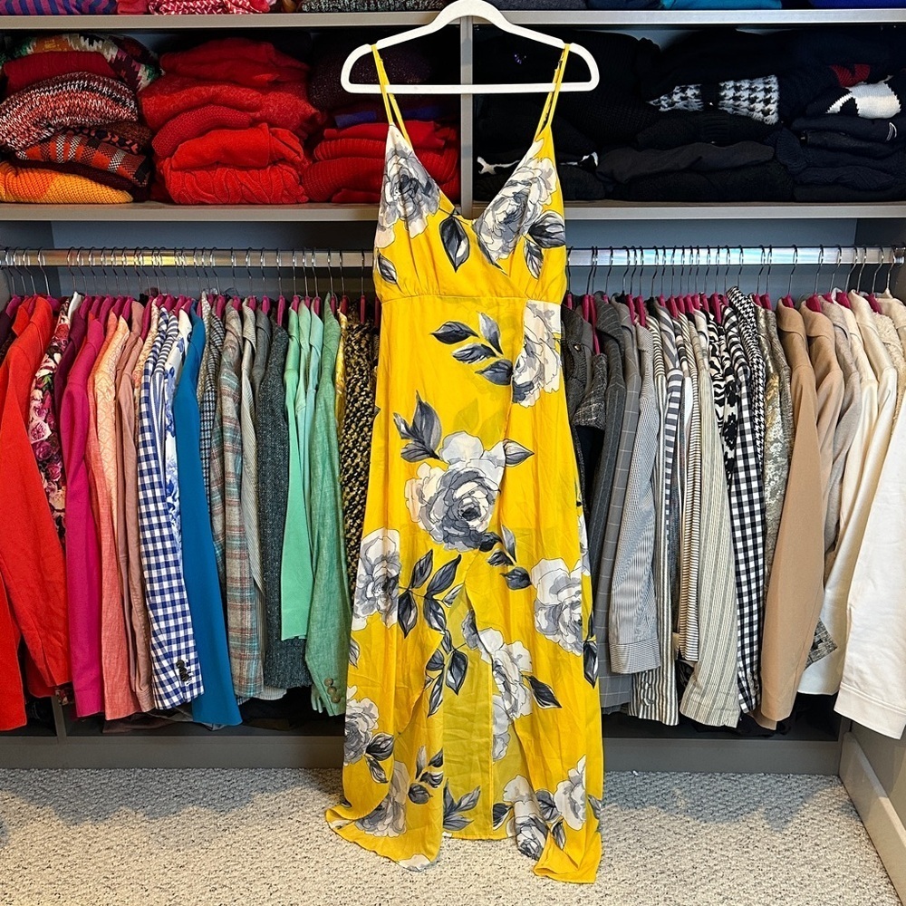 Blashe yellow/gray/white floral adjustable strap back zipper maxi dress size S